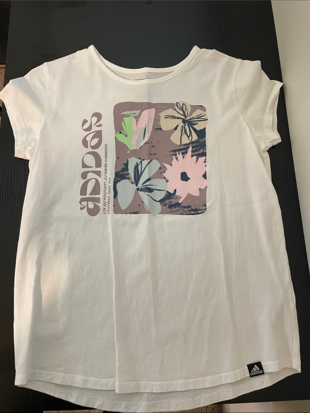 adidas White Short-Sleeve Tee with Pastel Floral Graphic